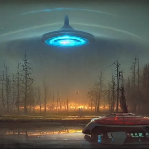 Image similar to a digital painting of a gigantic big enormous ufo spaceship in the sky on earth concept art by simon stalenhag and peter mohrbacher cgsociety, speedpainting, apocalypse art. unreal engine. hyper - realistic. photo realistic. 3 d render. octane render. detailed masterpiece. extreme wide shot.