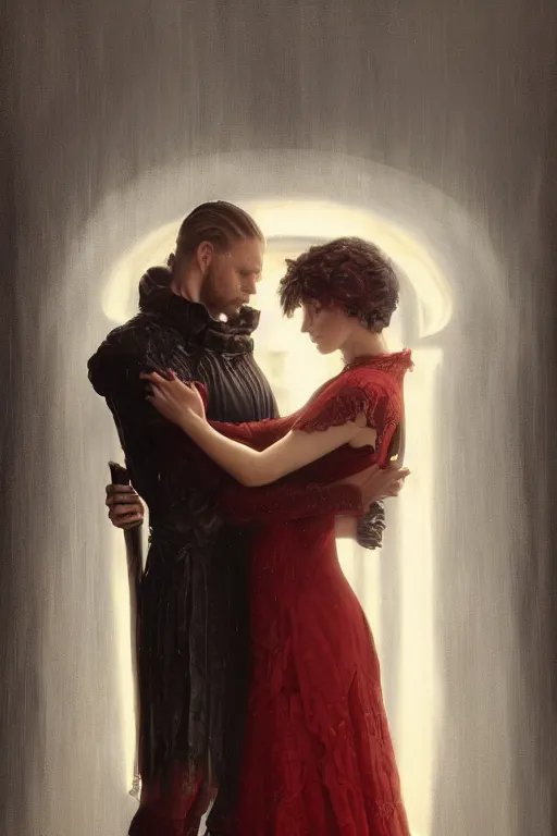 Prompt: a portrait of handsome young male nordic Satan wearing a halo of light and his elegant beautiful nordic witch wife dressed in red, bored, illustration, dramatic lighting, soft details, painting oil on canvas, art nouveau, octane render, HDR, 4k, 8k, HD, by Edmund Blair Leighton, Brom, Charlie Bowater, trending on artstation, faces by Tom Bagshaw, Sargent