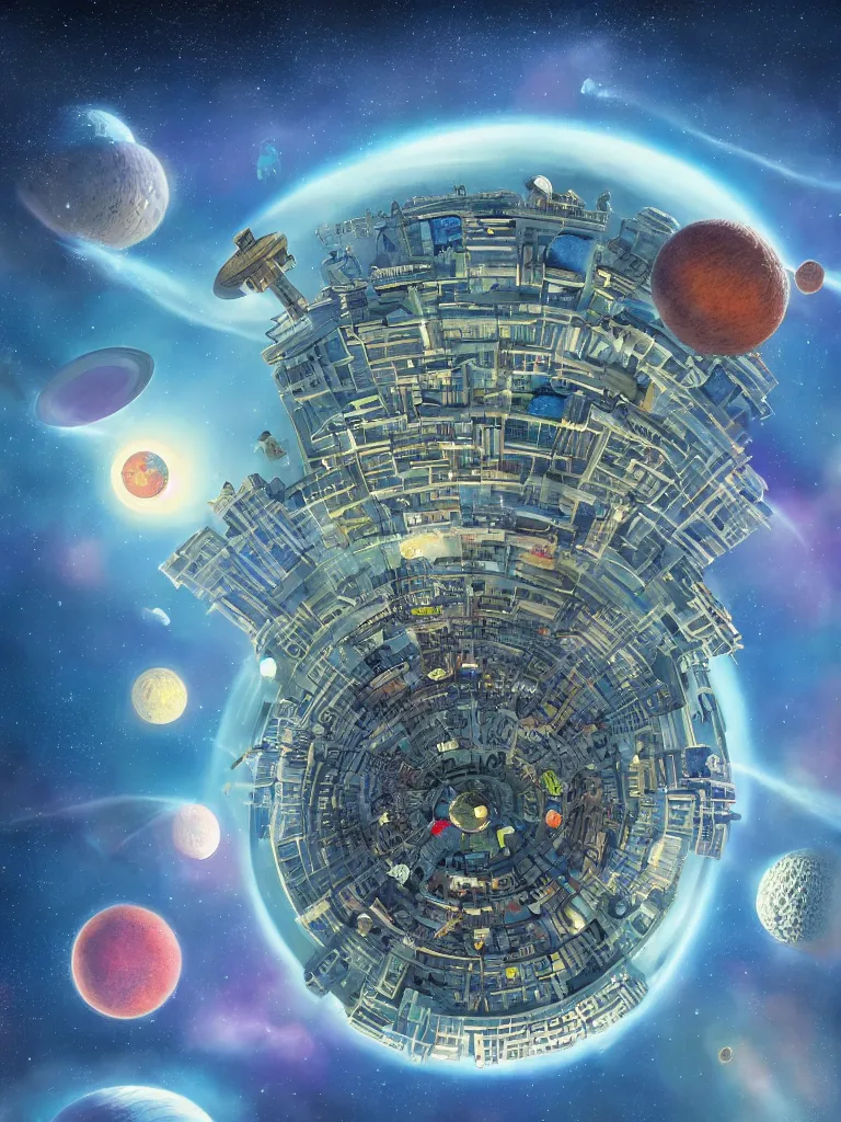 Image similar to detailed concept art of a fantastic space city on a tiny planet with multiple little moons and maybe some cute satellites against a breathtaking sky, by dr seuss and bob ross