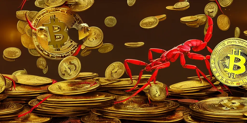 Prompt: a red scorpion with yellow scorpion tail on top of cryptocurrency coins, lots, of gems, diamonds photorealistic, unreal engine 5, octane render, volumetric light, cg society, 4 k, bokeh, lada car, artstation treasure trove sparkling on the floor of an ornate stone vault, by justin gerard and haeckel.