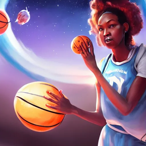 Image similar to a basketball player goddess rolling a planet on finger in space, highly detailed, digital painting, artstation, octane render, concept art, matte, sharp focus, hearthstone, illustration