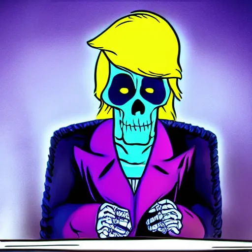 Image similar to skeletor with donald trump hair sitting in front of the computer in a darkened room