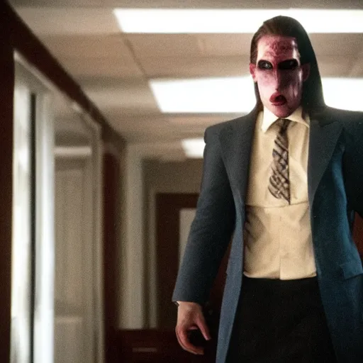 Image similar to arthas menethil as the american psycho, cinematic still