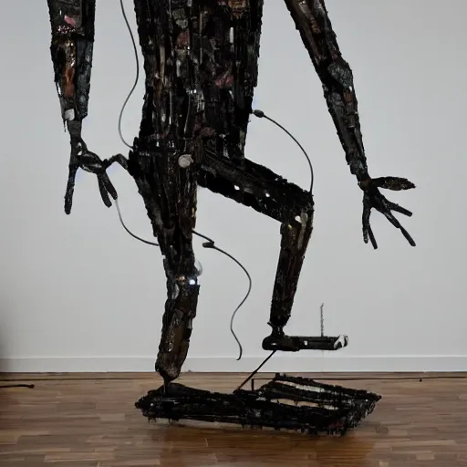 Prompt: a contemporary art sculpture of a tall man running with long arm and a big head, in the style of jean tinguely, made of intricate metal and wood, thick paint, intricate, dirty, leds, indoor, studio lighting, hyper realistic, detailed, 8 k