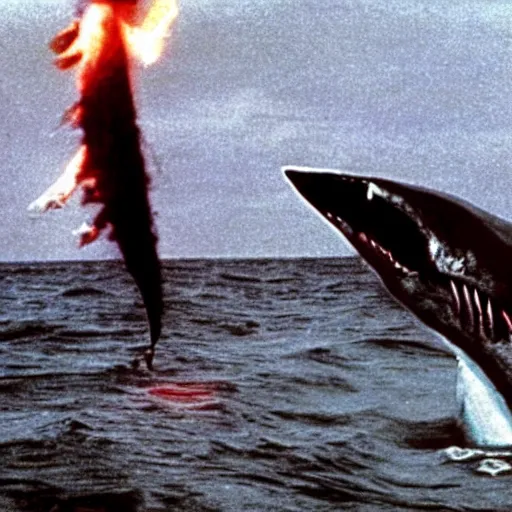 Prompt: still from jaws ( 1 9 7 5 ) showing an atomic bomb being used on the shark, still, color