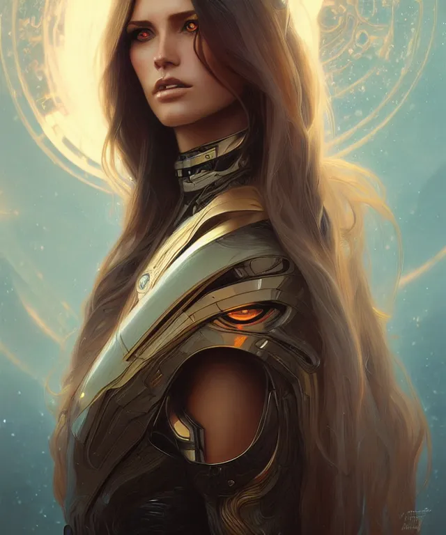 Image similar to futuristic woman portrait, sci-fi, amber eyes, face, long hair, fantasy, intricate, elegant, highly detailed, digital painting, artstation, concept art, smooth, sharp focus, illustration, art by artgerm and greg rutkowski and alphonse mucha