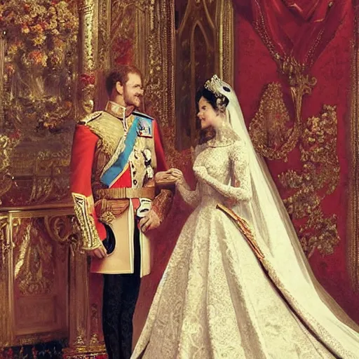 Image similar to Photograph of a royal wedding for queens, vertical symmetry, photograph, high detail, vintage shading, warm colors by Ilya Repin and artgerm