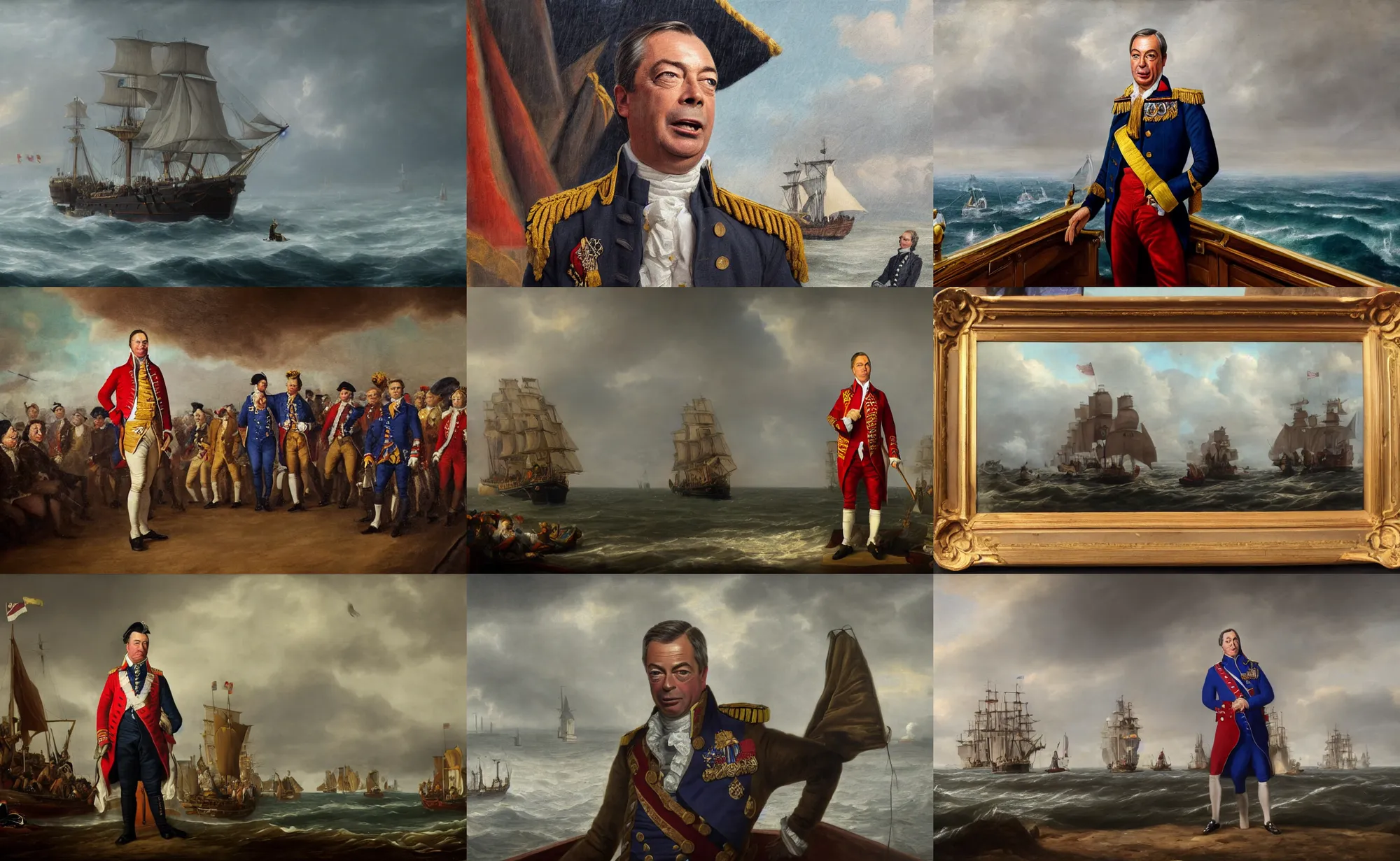 Prompt: cinematic artwork of nigel farage as an 1 8 th century admiral on a ship with his fleet in the distance by greg rutowski, 4 k, masterpiece, raining