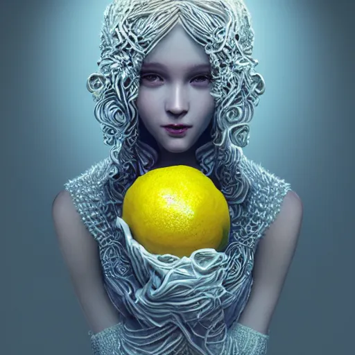 Image similar to the portrait of a lemon that resembles an absurdly beautiful, graceful, elegant, sophisticated, lovely young woman, an ultrafine hyperdetailed illustration by kim jung gi, irakli nadar, intricate linework, bright colors, octopath traveler, final fantasy, unreal engine 5 highly rendered, global illumination, radiant light, detailed and intricate environment