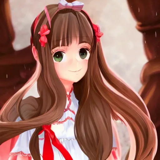 Prompt: Monika has extensively long coral brown hair that she keeps tied up in a high ponytail tied back with a large white bow, curled slightly at the ends. Like the other female characters, she has two prominent strands of hair beside her bangs that reach slightly past her chest. Her eyes are emerald green.