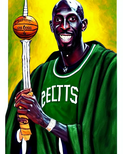 Image similar to portrait of boston celtics kevin garnett as a wizard at hogwarts, full body, wizard ing robe, mystical, magic wand, oil on canvas by william sidney mount, award winning