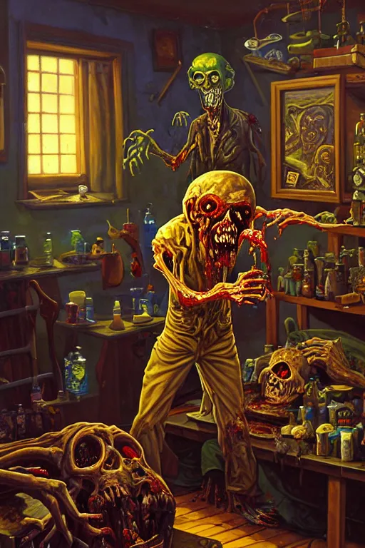 Prompt: classic oil painting, a zombie that is opening a jar of brains, as a dnd character, inside a cluttered bedroom, cottagecore, highly detailed, digital illustration, concept art, smooth, sharp focus, art by tim hildebrandt, and greg hildebrandt