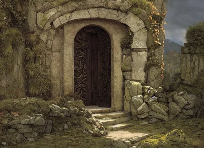 Prompt: labyrinth stone wall with two doors. one is a a carved stone door overgrown with moss. the other is a door made of old wood and rusty metal. by edgar maxence and caravaggio and michael whelan and delacroix style, artistic, intricate painting, cinematic lighting, hyper realistic, extremely detailed, 8 k resolution, establishing shot, dramatic lighting