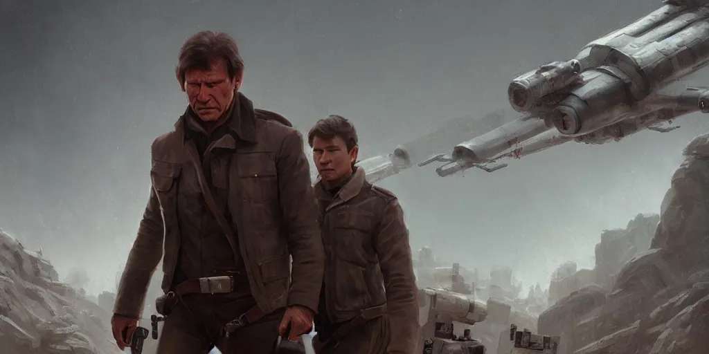 Image similar to a highly detailed epic cinematic concept art CG render digital painting artwork: one Soviet dieselpunk Han Solo played by Harrison Ford directed by David Fincher. By Greg Rutkowski, Ilya Kuvshinov, WLOP, Stanley Artgerm Lau, Ruan Jia and Fenghua Zhong, trending on ArtStation, subtle muted cinematic colors, made in Maya, Blender and Photoshop, octane render, excellent composition, cinematic atmosphere, dynamic dramatic cinematic lighting, precise correct anatomy, aesthetic, very inspirational, arthouse