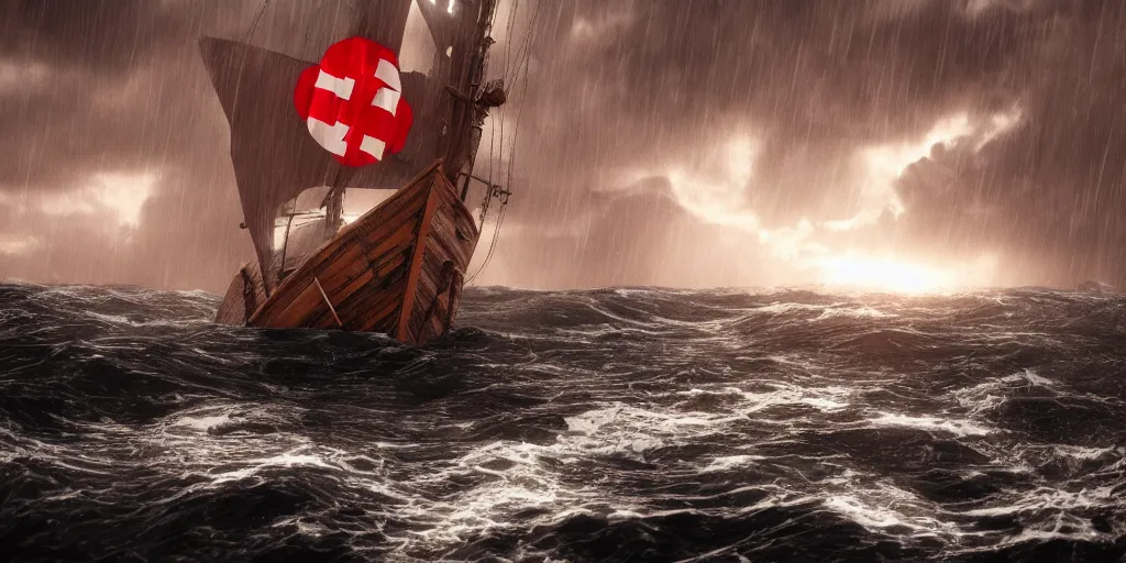 Prompt: a wooden big ship in the middle of the sea during a storm, turbulent sea, high coherence, highly detailed, high quality, 8 k, dramatic lighting, cinematic, epic scene, path traced, hyperrealistic, concept art, octane render, unreal engine 5, trending on artstation, a red cross in the ship flag, high contrast