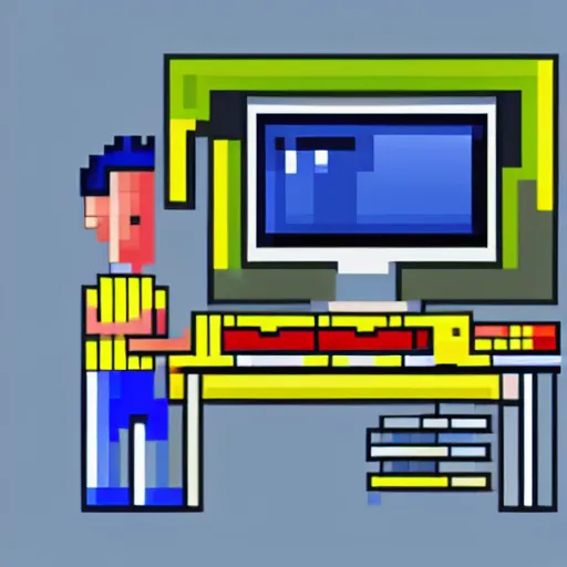 Image similar to pixel art of programmer in front of his computer station, pixel art, detailed, ideal symmetry, perfect pixel alignment, isometric 8 k,