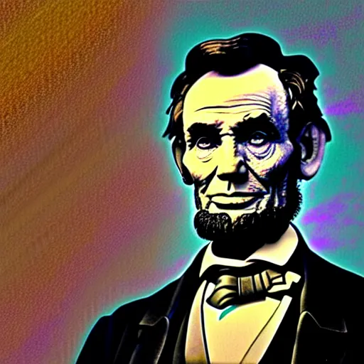 Prompt: a picture of abraham lincoln at ford's theater punching john wilks booth, 4 k, super detailed, viewed in profile, in the style of vaporwave!!!