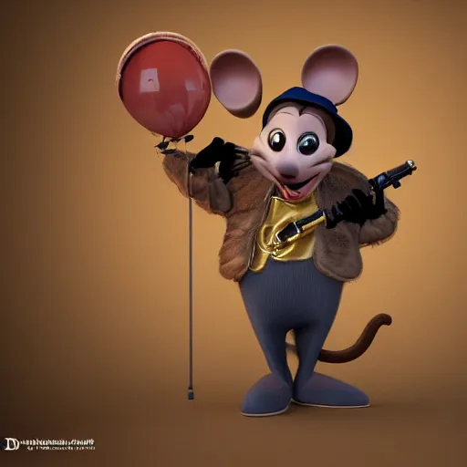 Image similar to 3d anthropomorphic rat, disney pixar, holding tommy gun, velvet, fur coat, high quality, golden necklace, fendi, high fashion