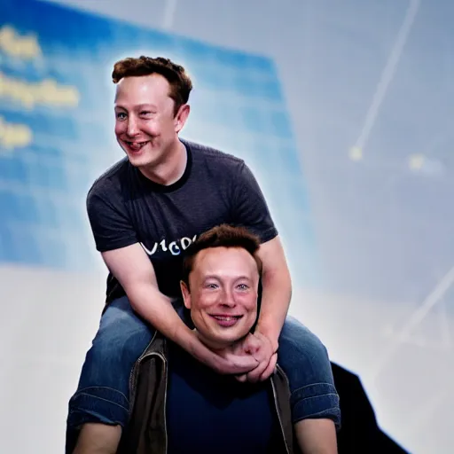 Image similar to elon musk on mark zuckerberg's back, holding on for dear life. cinematic 8 k, depth of field.