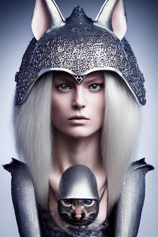 Image similar to female knight wearing a real cat on her head, armor designed by wayne barlowe, swarovski and tiffany, blonde hair, symmetry, sci - fi, cinematic, elegant, luxury, perfect light, perfect composition, dlsr photography, sharp focus, dark fantasy, 4 k, ultra hd, sense of awe, highly detailed, realistic, intricate