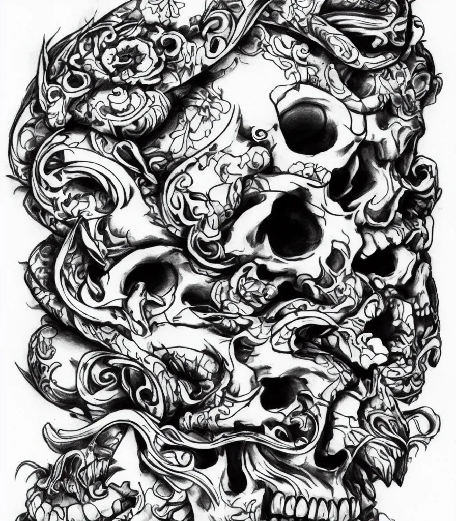 Image similar to highly detailed skull, Japanese ornament, tattoo ink sketch, isolated on white background