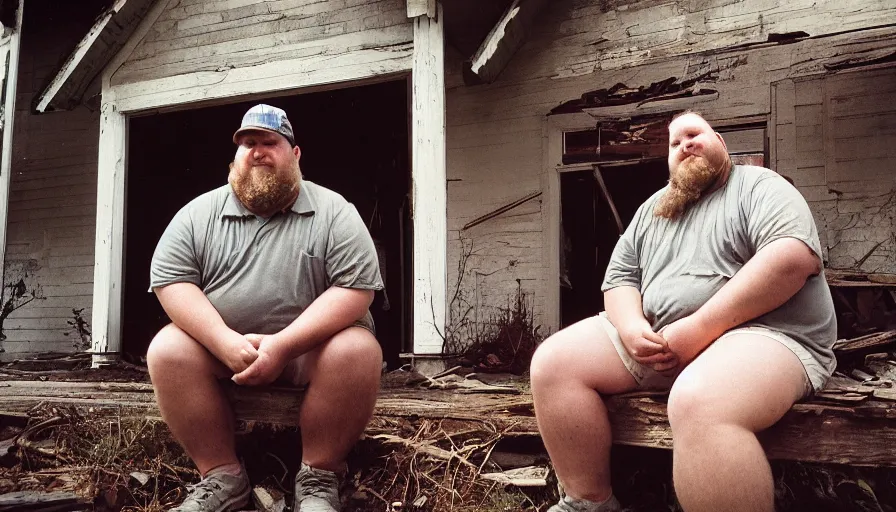 Prompt: close up portrait of fat redneck man sitting on front porch of dilapidated house, award winning, kodak gold 2 0 0,