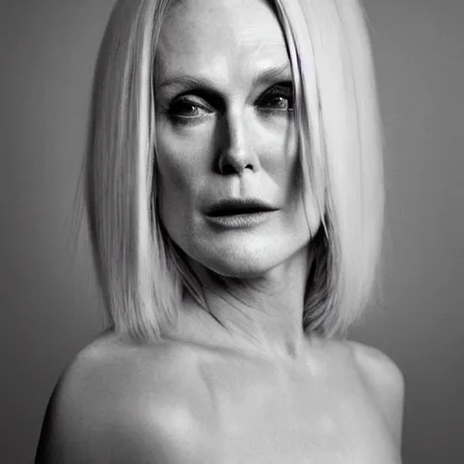 Prompt: portrait photo of julianne moore, full platinum blond, intense, pale skin, by kyle thompson, realistic, high detail, high quality, trending on pinteresst