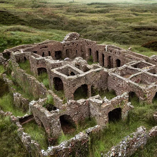 Image similar to the ruins of a giant village made out of stone, overgrown by red moss