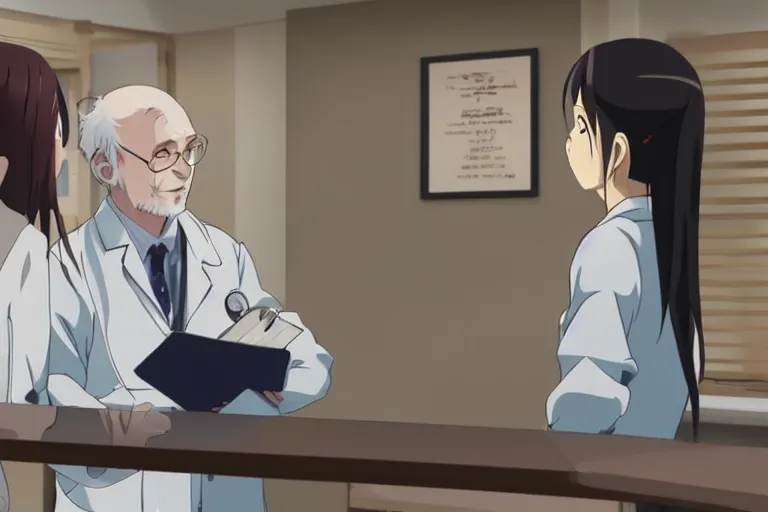 Image similar to a cute young female doctor wearing white coat are talking with an old surgeon in a hospital, slice of life anime, lighting, anime scenery by Makoto shinkai