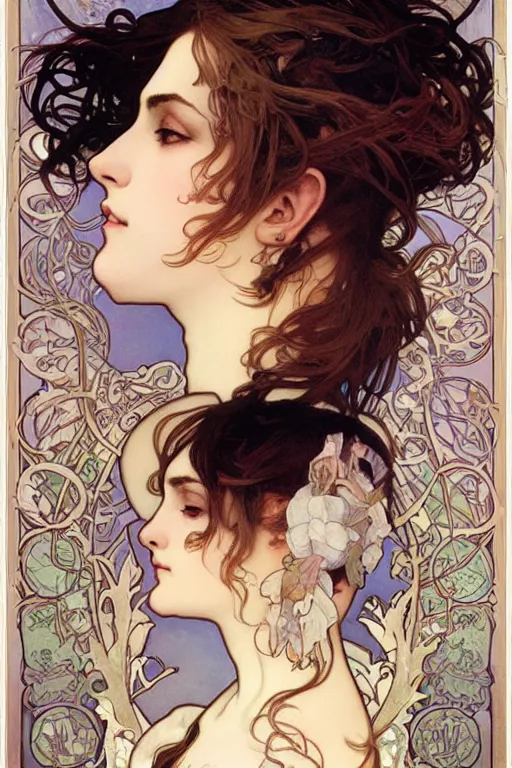 Prompt: realistic detailed face profile portrait of Mia Kirschner by Alphonse Mucha, Ayami Kojima, Amano, Charlie Bowater, Karol Bak, Greg Hildebrandt, Jean Delville, and Mark Brooks, Art Nouveau, Neo-Gothic, gothic, rich deep moody colors