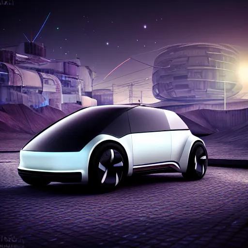 Image similar to Futuristic VW W16 in a Russian cyberpunk slum city called Neo Norilsk on the Moon, at night, diverse, lively, black sky full of stars, blinding sun, sci-fi, lots of flying cars, levitation, cyberpunk outfits, photorealistic, grainy, 35mm, intricate, very very beautiful, elegant, smooth, cinematic, Unreal Engine 5, by Beeple, trending on Artstation HD