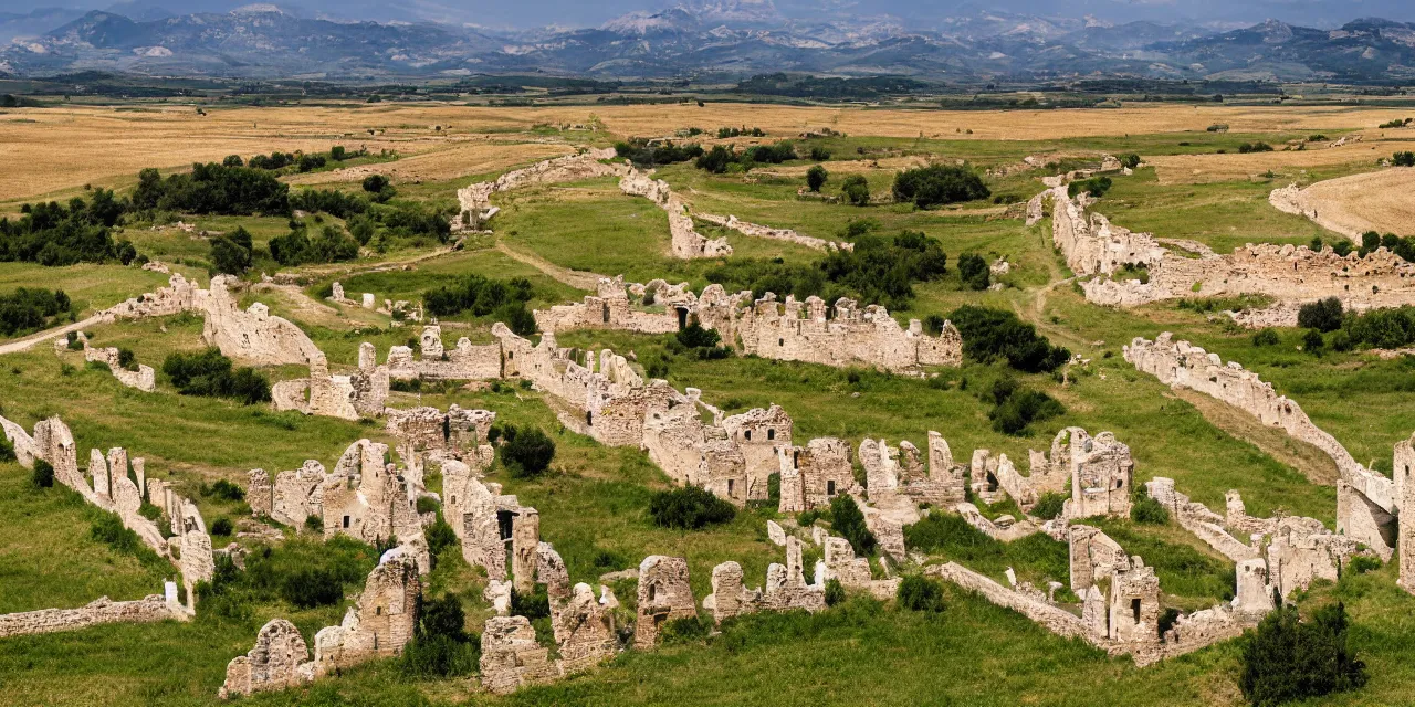 Prompt: Landscape photography, wide shot of epic Italian landscape near river Aufidus, distant battle of Cannae 216 BCE, with republic-era Roman soldiers in formations, Carthaginian phalanxes in formations