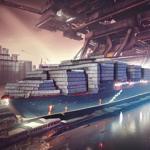 Image similar to photo of Immense industrial futuristic cargo ship arrives at cyber punk city sea port, cinematic lighting, photo