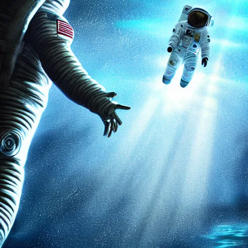 Prompt: an astronaut levitating in the middle of deep water being hit by sun rays, trending on art station, atmosphere, concept art, photorealistic, high detailed