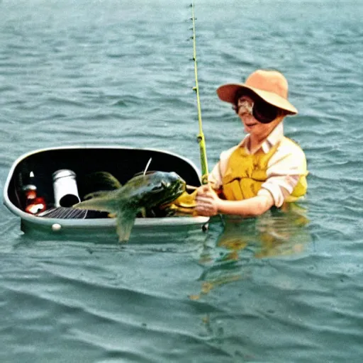 Image similar to alien is fishing on a boat in the middle of the lake, top secret style, 1 9 6 0 s, color