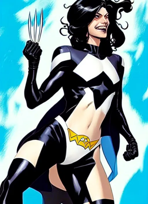 Prompt: Rafeal Albuquerque comic art, Joshua Middleton comic art, pretty female completely white skin black mark over left eye Phoebe Tonkin as Domino superhero X-MEN comics, black spot over left eye, fun smile, full body x-force outfit, long wavy black hair:: sunny weather::