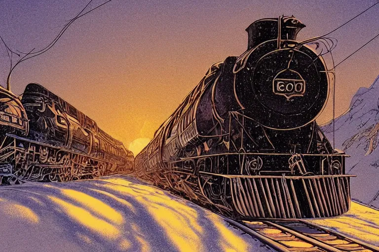 Image similar to trans - siberian express train ultrafine drawing by joe fenton and syd mead and p. craig russell and barry windsor - smith, artstation, 4 k, graphic novel, concept art, matte painting, beautiful russian winter landscape sunset background, golden hour, art nouveau, sharp