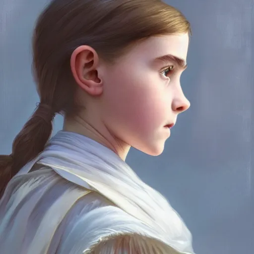 Prompt: perfectly - centered - portrait of a kid looking like young emma watson wearing white cloak holding light saber, intricate, highly detailed, digital painting, artstation, concept art, smooth, sharp focus, illustration, unreal engine 5, 8 k, art by artgerm and greg rutkowski and alphonse mucha