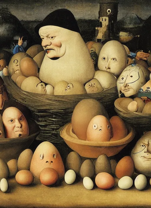 Image similar to a dozen eggs of silly round humpty dumpty with jack black facial expression, realistic, by hieronymus bosch and pieter brueghel