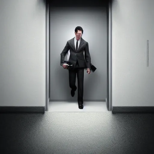 Image similar to a man in a suit holding a briefcase coming out of an door that has an white room in it, Matte painting , detailed painting, greg rutkowski