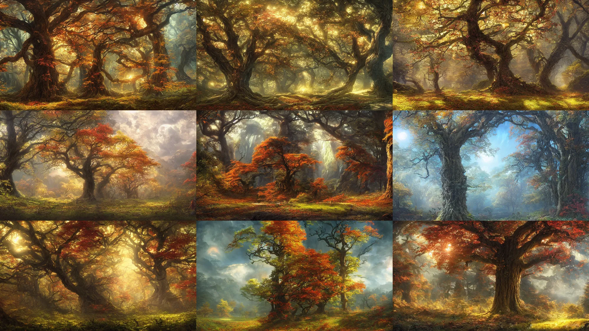 Prompt: tree, spring, summer, autumn, winter, volymetric light, highly detailed matte painting, noriyoshi ohrai, charlie bowater, mark brooks