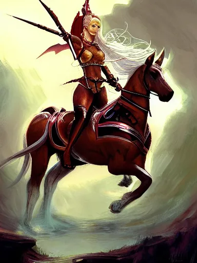 Prompt: painting of a white female elf warrior riding a horse, highly detailed painting, realistic, symmetrical, illustration, artstation, in the style of frank frazetta, ayami kojima