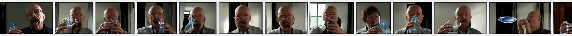 Image similar to 8 consistent progressing frames from a video showing walter white drinking from a water bottle