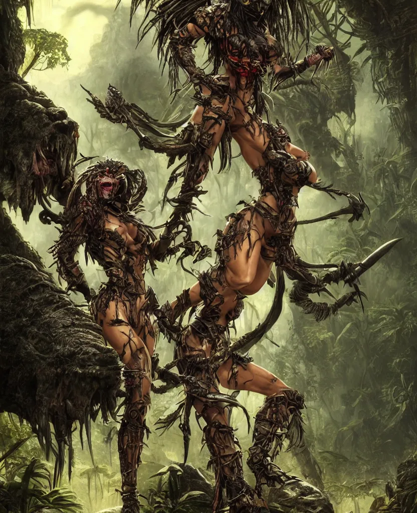 Prompt: Highly detailed character art of Epic Female Predator, scary yellow eyes, open mouth with sharp predator mandible fangs, in bikini armor, with long dreadlocks, carrying a melee weapon, deep ominous jungle, by John Blanche, Frank Frazetta octane render