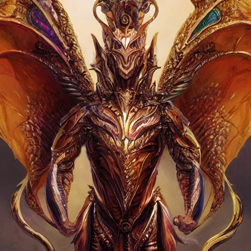 Image similar to a symmetrical muscular full body wearing a dragon armor with wings made of golden ornaments and gems, by alex gray and android jones , Karol Bak, Ayami Kojima, Amano , concept art, character design, fantasy,3D, 8k resolution