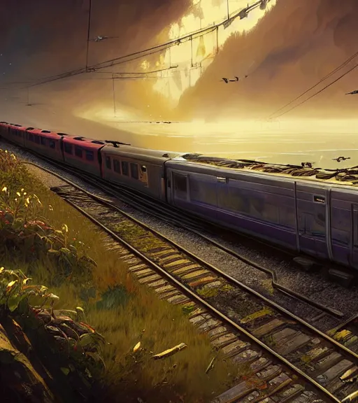 Image similar to highly detailed train in gta v, stephen bliss, unreal engine, fantasy art by greg rutkowski, loish, rhads, ferdinand knab, makoto shinkai and lois van baarle, ilya kuvshinov, rossdraws, tom bagshaw, global illumination, radiant light, detailed and intricate environment