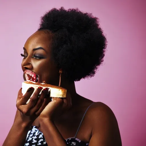 Prompt: black woman eating a slice of cake, award - winning photograph