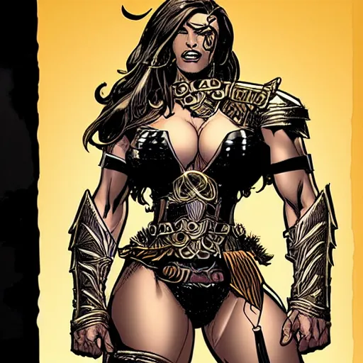 Image similar to Amazon warrior with a six-pack and heavy armor, drawn by J. Scott Campbell