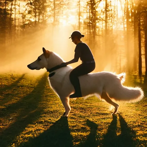 Prompt: Corgi riding a horse, natural lighting, realistic, sunbeams, golden hour, misty atmospherics