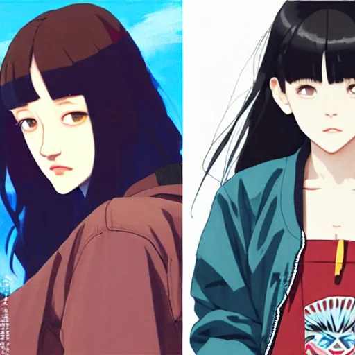 Image similar to a beautiful boyish kat dennings alluring gravure model, wearing oversized mayan bomber jacket and leotard with overalls, bulky poofy aztec native style bomber jacket with mayan patterns, gapmoe yandere grimdark, trending on pixiv fanbox, painted by greg rutkowski makoto shinkai takashi takeuchi studio ghibli, akihiko yoshida